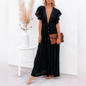 New Gauze Cover Up Maxi Dress Button Front Deep Plunge Black
